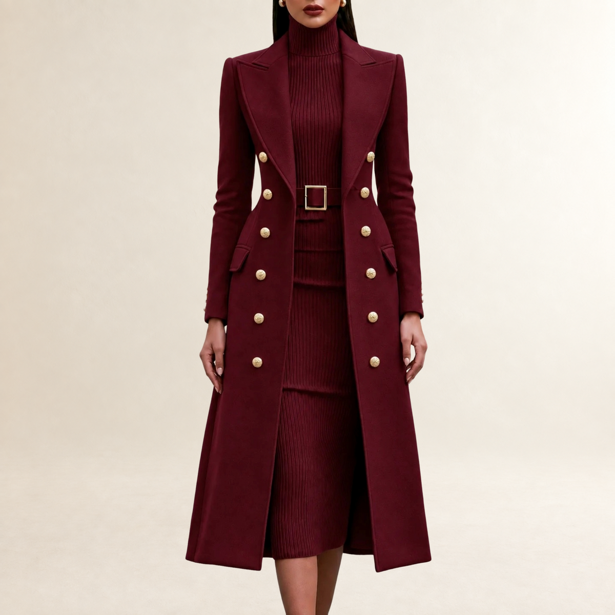 Ensemble robe et manteau femme tailleur coupe droite col roulé boutons dorés