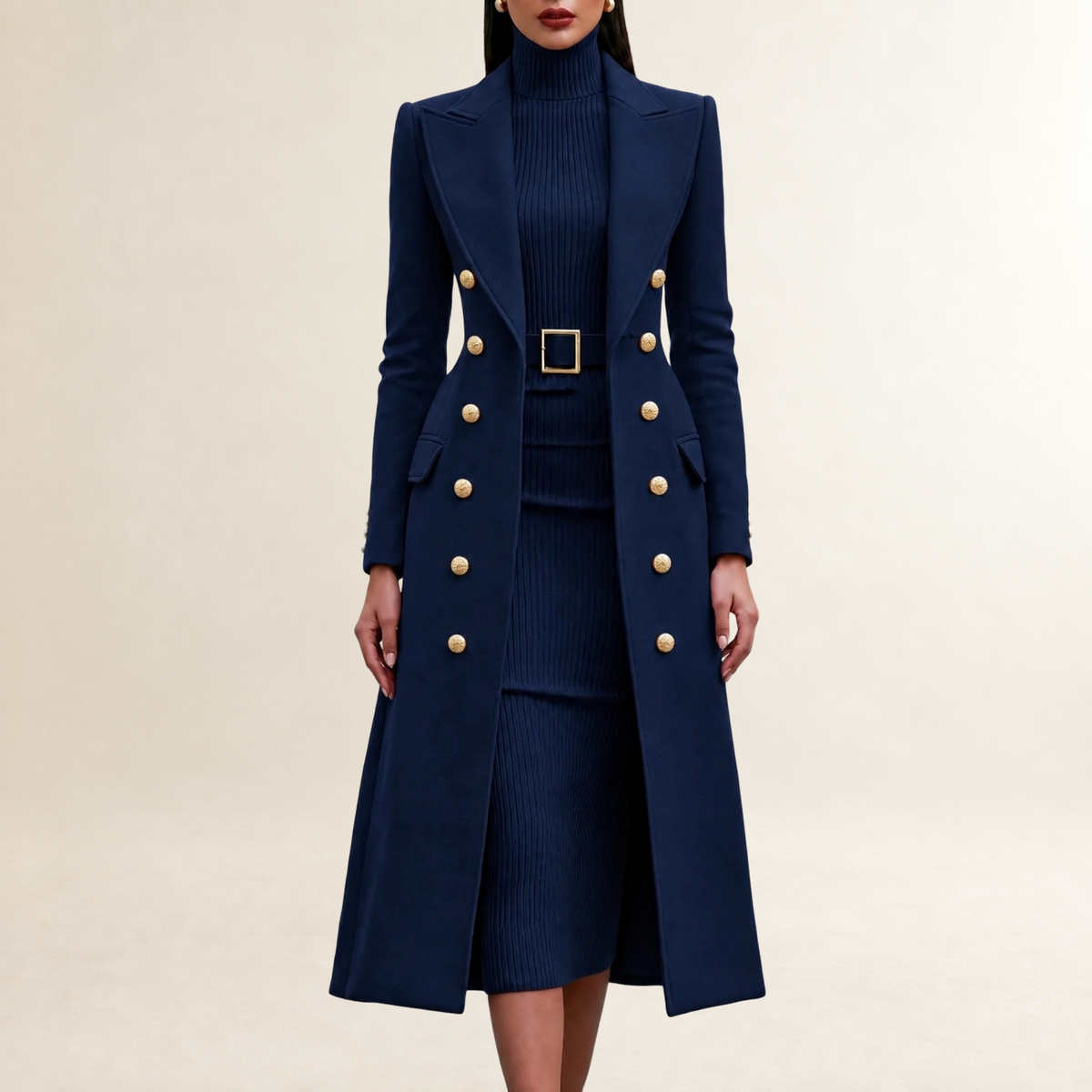 Ensemble robe et manteau femme tailleur coupe droite col roulé boutons dorés