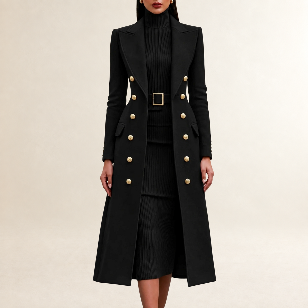 Ensemble robe et manteau femme tailleur coupe droite col roulé boutons dorés