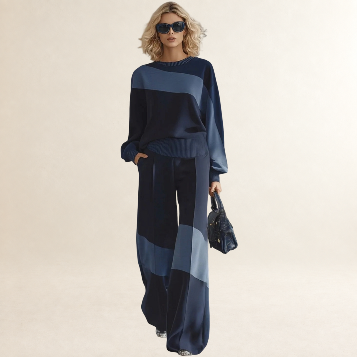 Ensemble sweat-shirt et pantalon pour femmes coupe décontractée avec patchwork et col rond