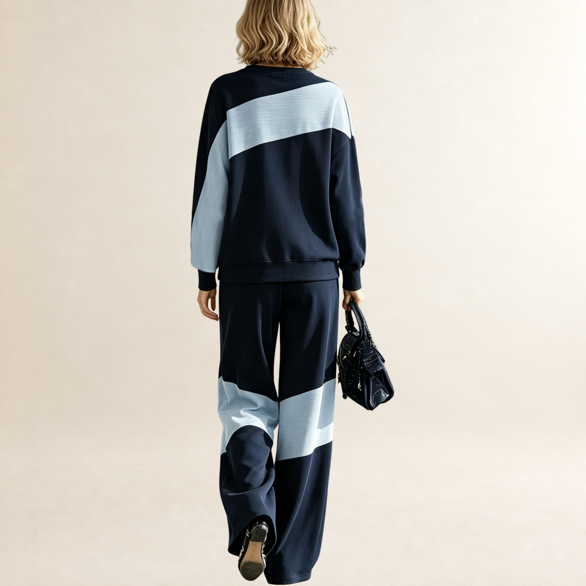 Ensemble sweat-shirt et pantalon pour femmes coupe décontractée avec patchwork et col rond