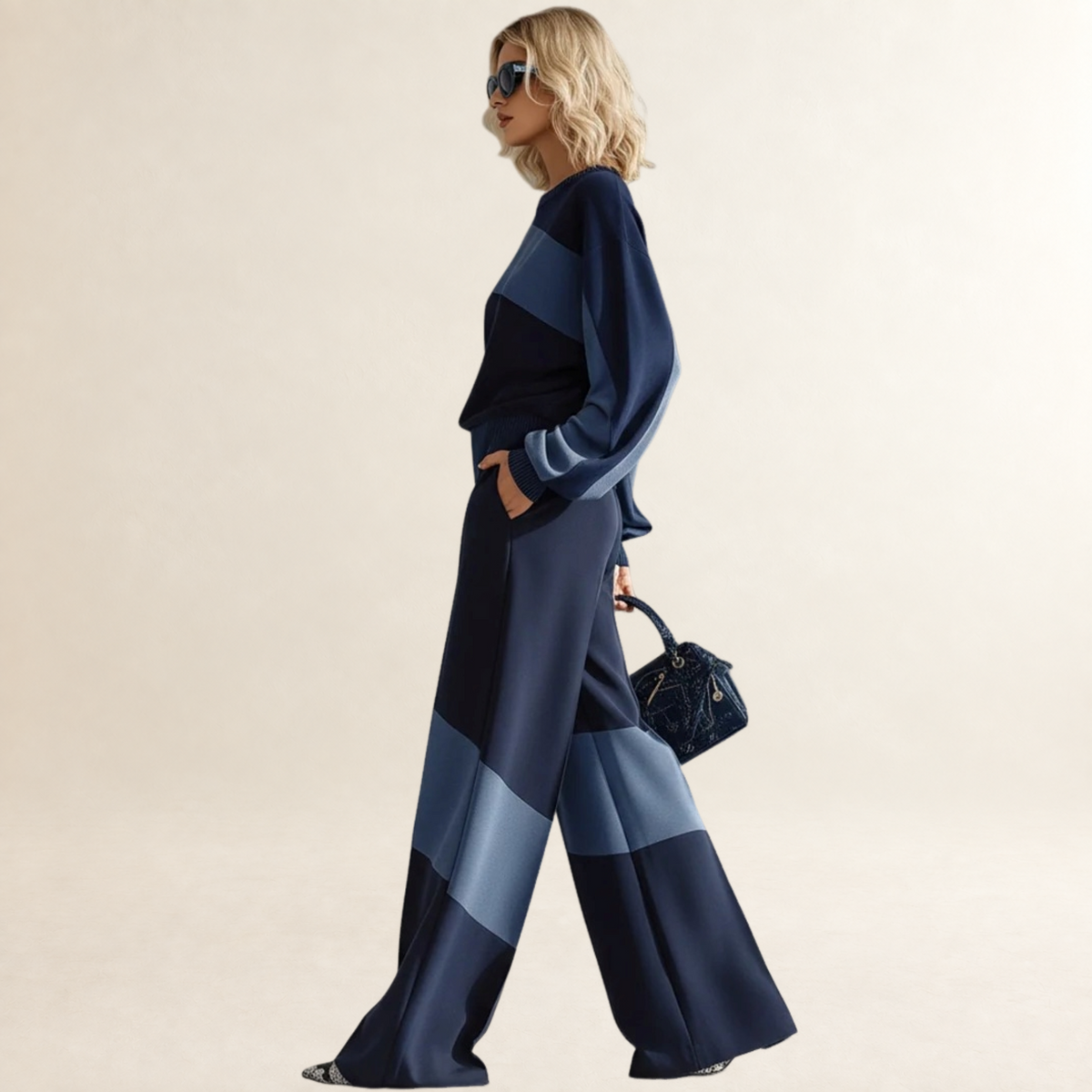 Ensemble sweat-shirt et pantalon pour femmes coupe décontractée avec patchwork et col rond