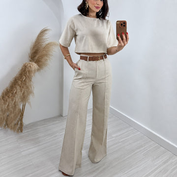 Ensemble tailleur deux pièces pour femmes top court et pantalon large taille haute