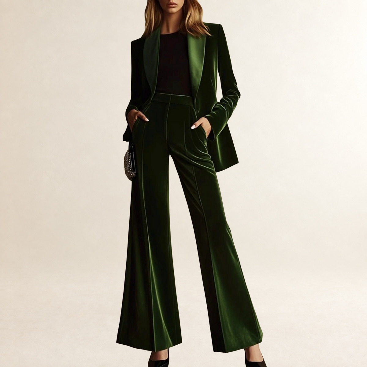 Ensemble tailleur femme blazer à col à revers et pantalon évasé à taille haute
