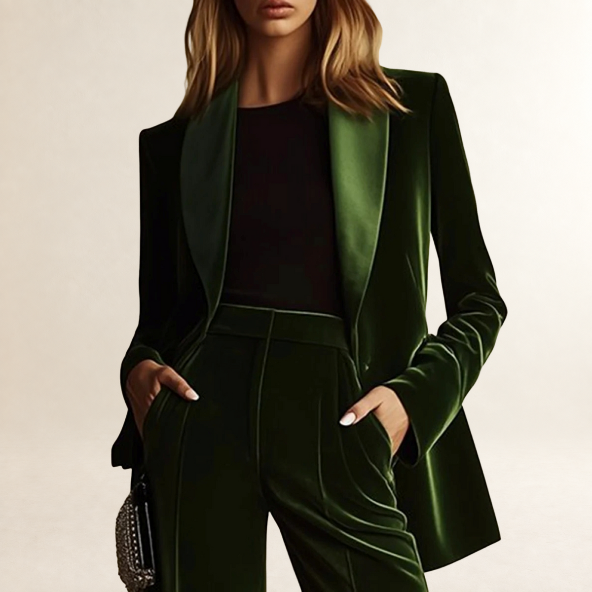 Ensemble tailleur femme blazer à col à revers et pantalon évasé à taille haute