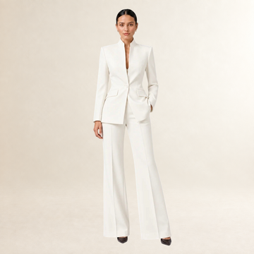 Ensemble tailleur femme blazer sans col et pantalon large coupe structurée