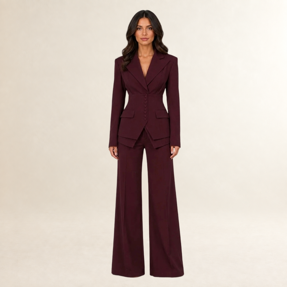 Ensemble tailleur trois pièces femme blazer à double boutonnage, gilet et pantalon large