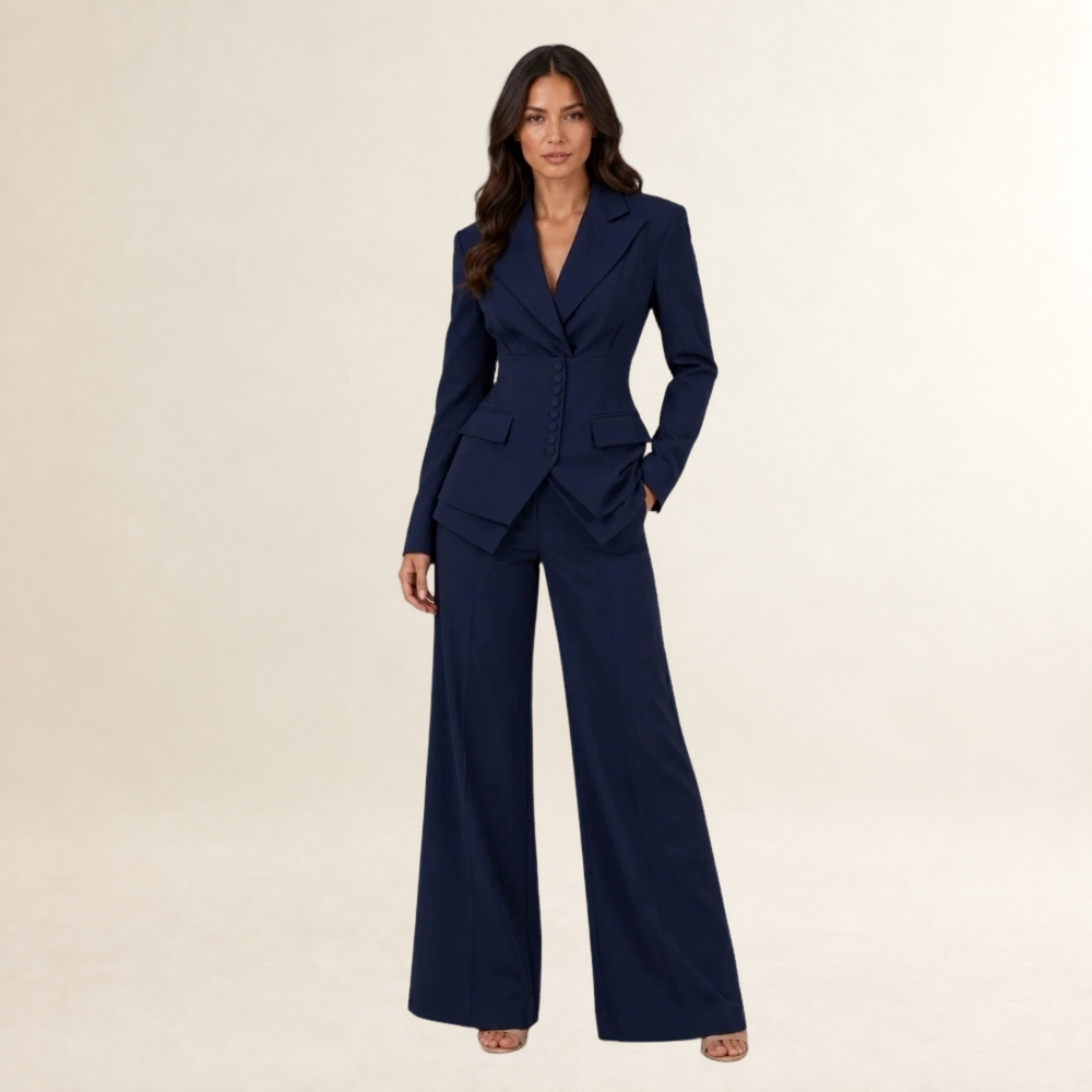 Ensemble tailleur trois pièces femme blazer à double boutonnage, gilet et pantalon large