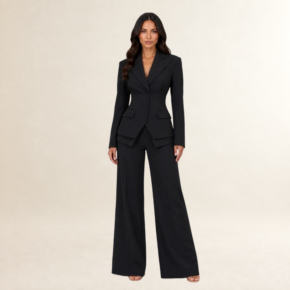Ensemble tailleur trois pièces femme blazer à double boutonnage, gilet et pantalon large