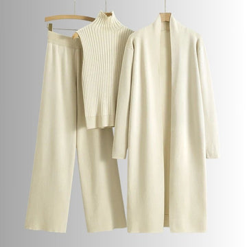 Ensemble trois pièces femme haut à col haut et pantalon à jambes larges