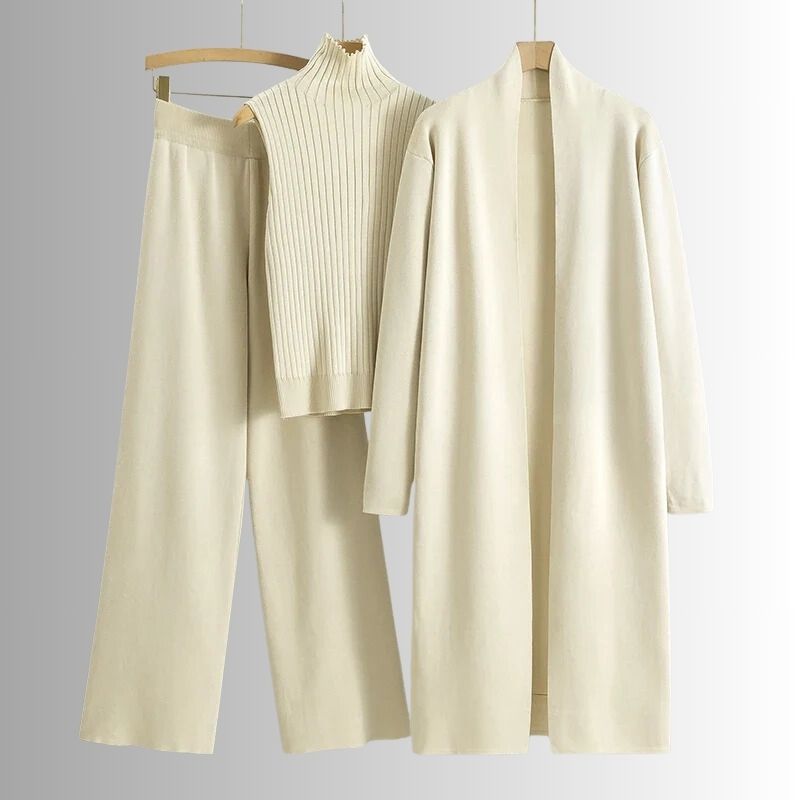 Ensemble trois pièces femme haut à col haut et pantalon à jambes larges