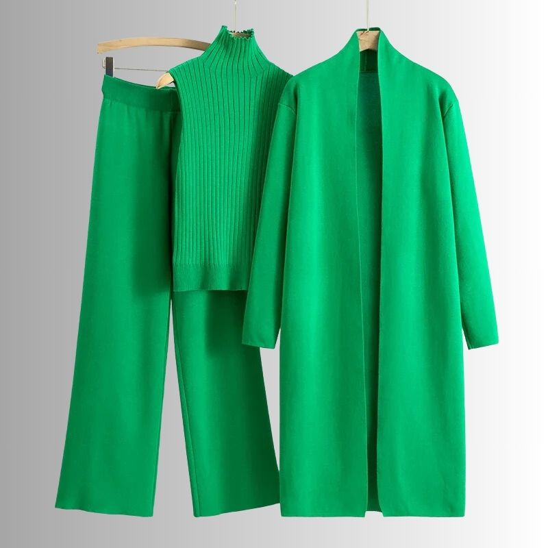 Ensemble trois pièces femme haut à col haut et pantalon à jambes larges
