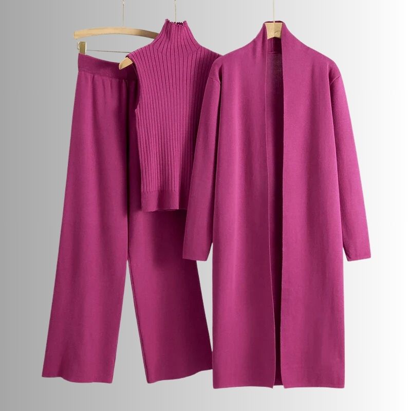 Ensemble trois pièces femme haut à col haut et pantalon à jambes larges
