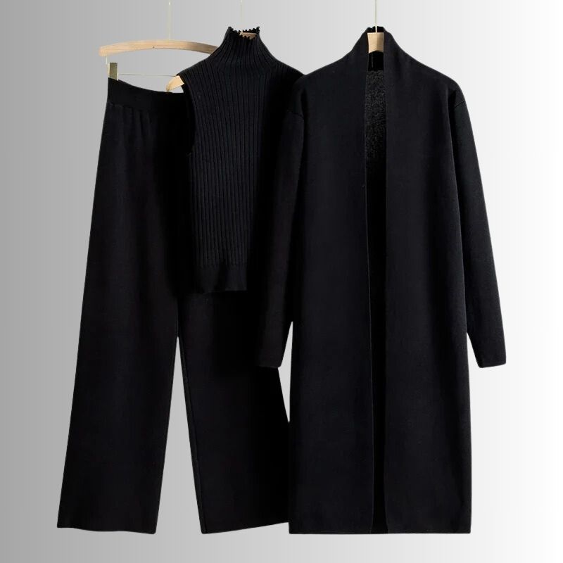 Ensemble trois pièces femme haut à col haut et pantalon à jambes larges