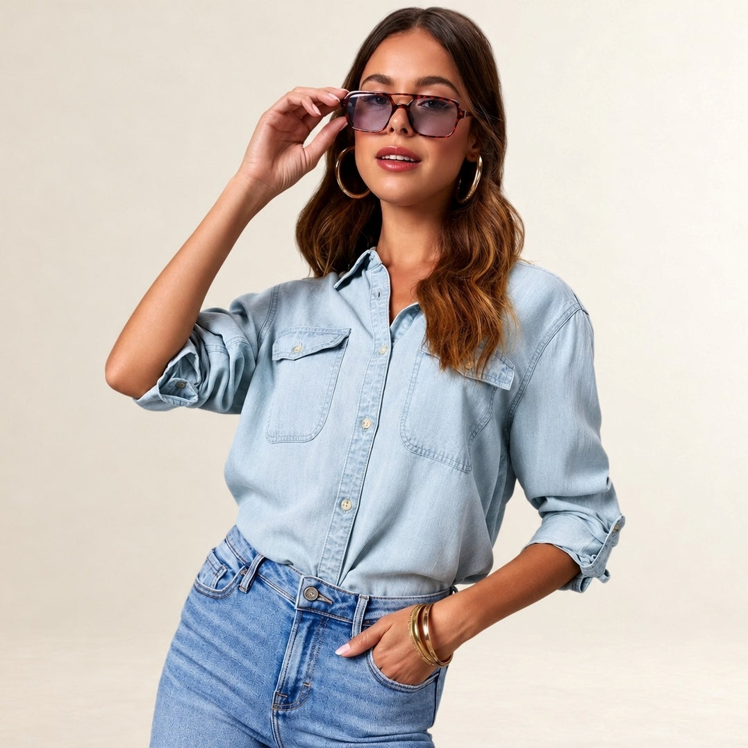 Femme Chemise à boutons - poches poitrine à rabat, manches longues avec patte de roulage, coupe décontractée
