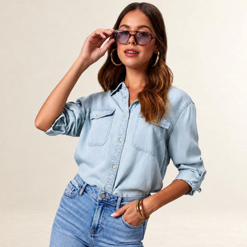 Femme Chemise à boutons - poches poitrine à rabat, manches longues avec patte de roulage, coupe décontractée