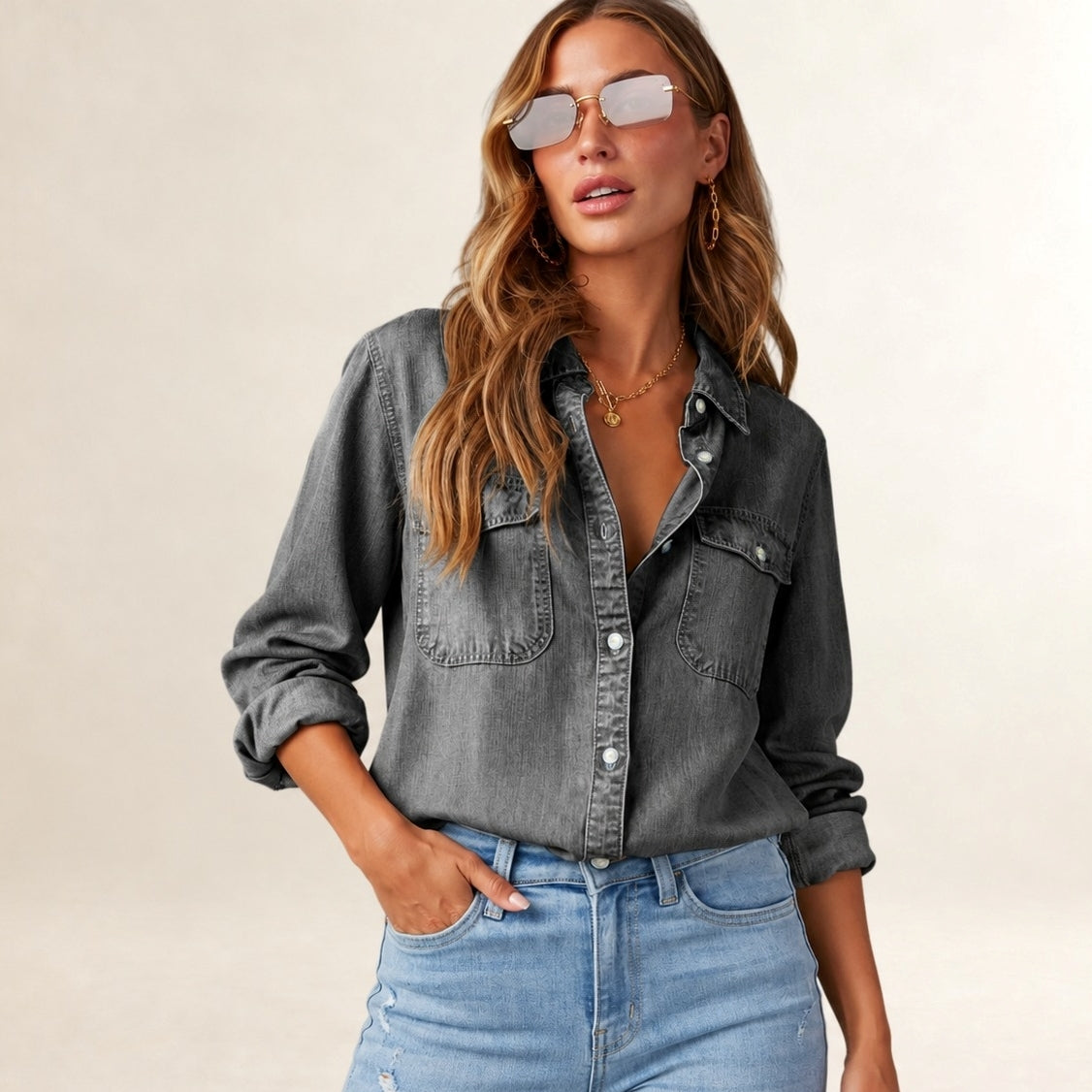 Femme Chemise à boutons - poches poitrine à rabat, manches longues avec patte de roulage, coupe décontractée