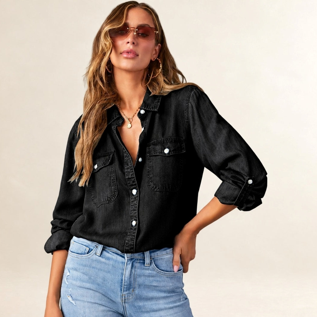 Femme Chemise à boutons - poches poitrine à rabat, manches longues avec patte de roulage, coupe décontractée