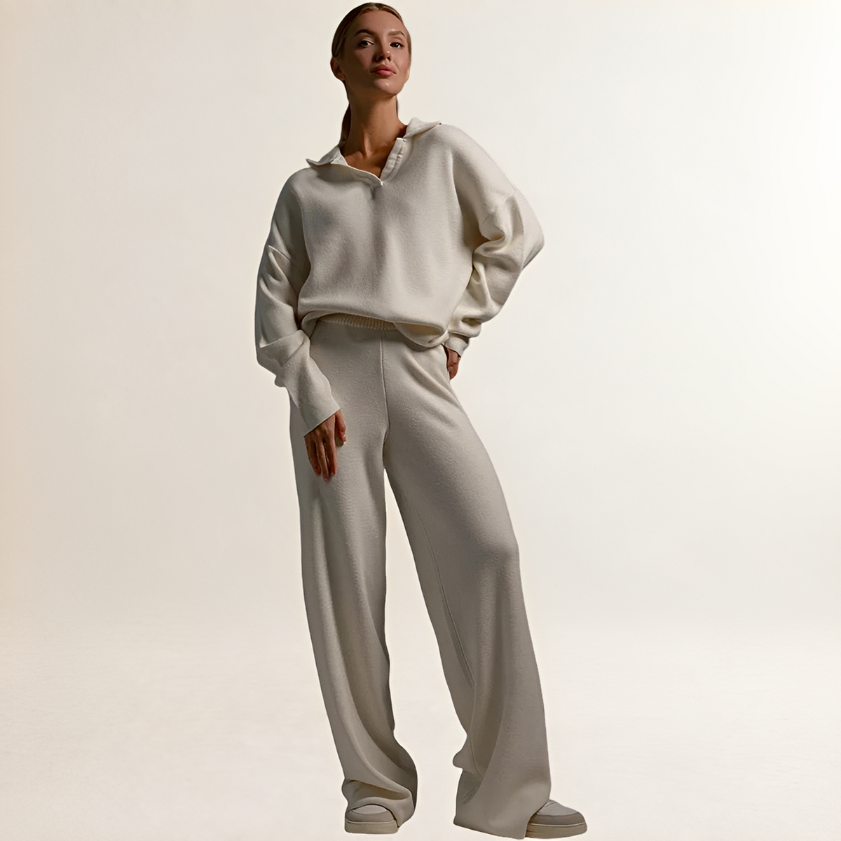Femmes Ensemble détente polo-col polo-pull + pantalon pantalon ample - blouse oversize et taille élastiquée
