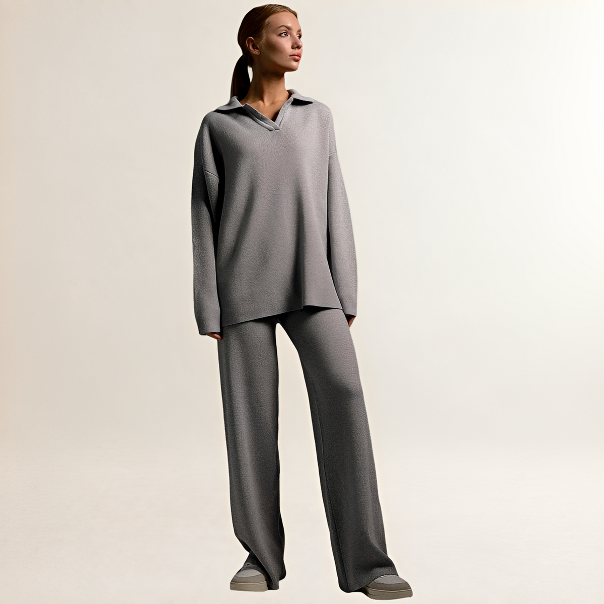 Femmes Ensemble détente polo-col polo-pull + pantalon pantalon ample - blouse oversize et taille élastiquée