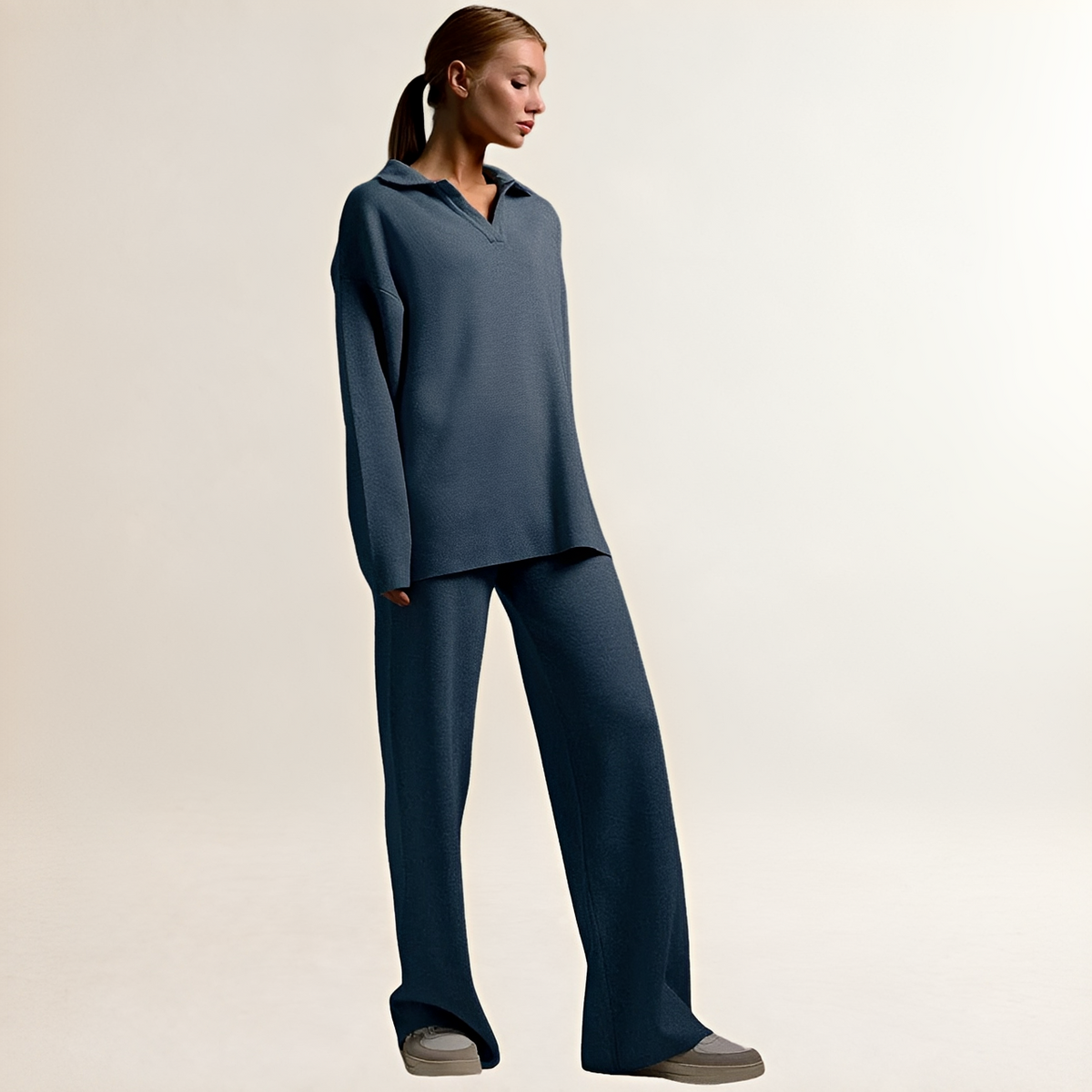 Femmes Ensemble détente polo-col polo-pull + pantalon pantalon ample - blouse oversize et taille élastiquée