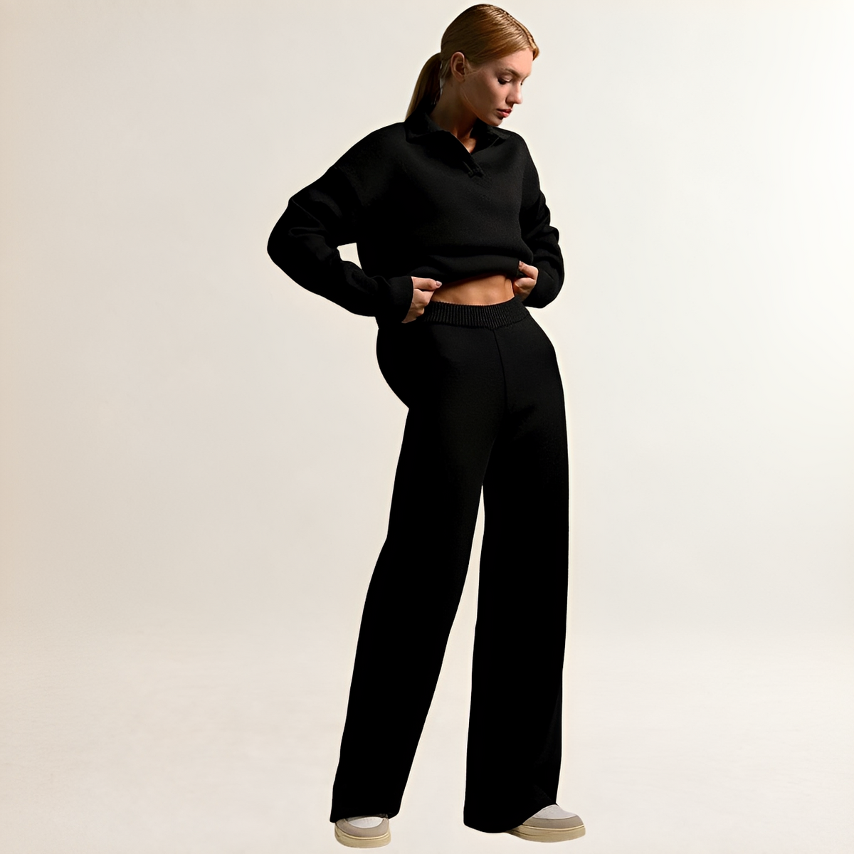 Femmes Ensemble détente polo-col polo-pull + pantalon pantalon ample - blouse oversize et taille élastiquée