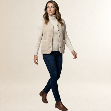 Gilet femme boutonné sans manches, col rond, poches plaquées, coupe décontractée