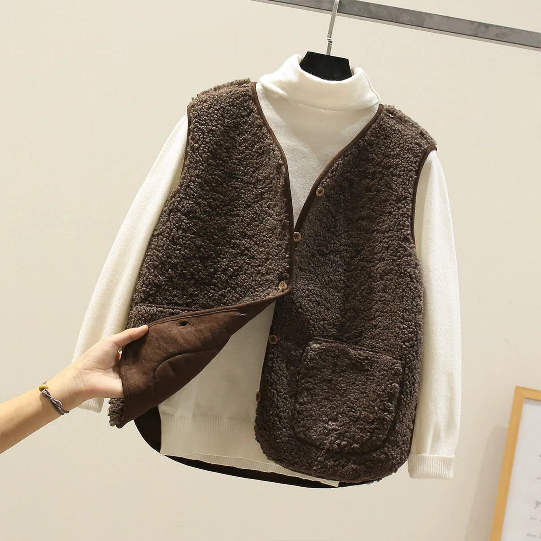 Gilet femme boutonné sans manches, col rond, poches plaquées, coupe décontractée