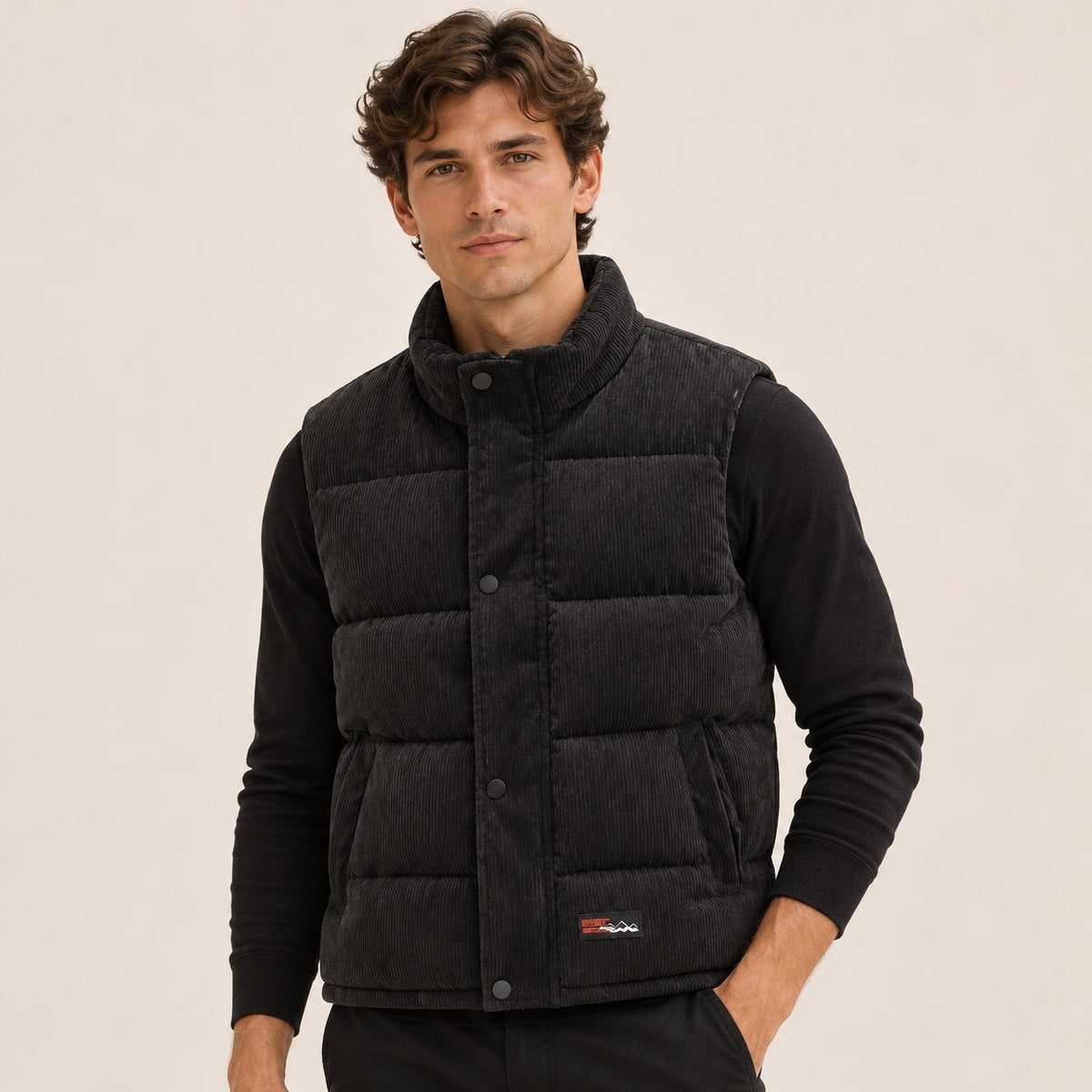 Gilet homme matelassé à col montant et fermeture bouton, coupe décontractée