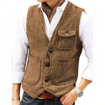 Gilet pour hommes à motif en chevrons avec col en V et poches à rabat - Coupe ajustée