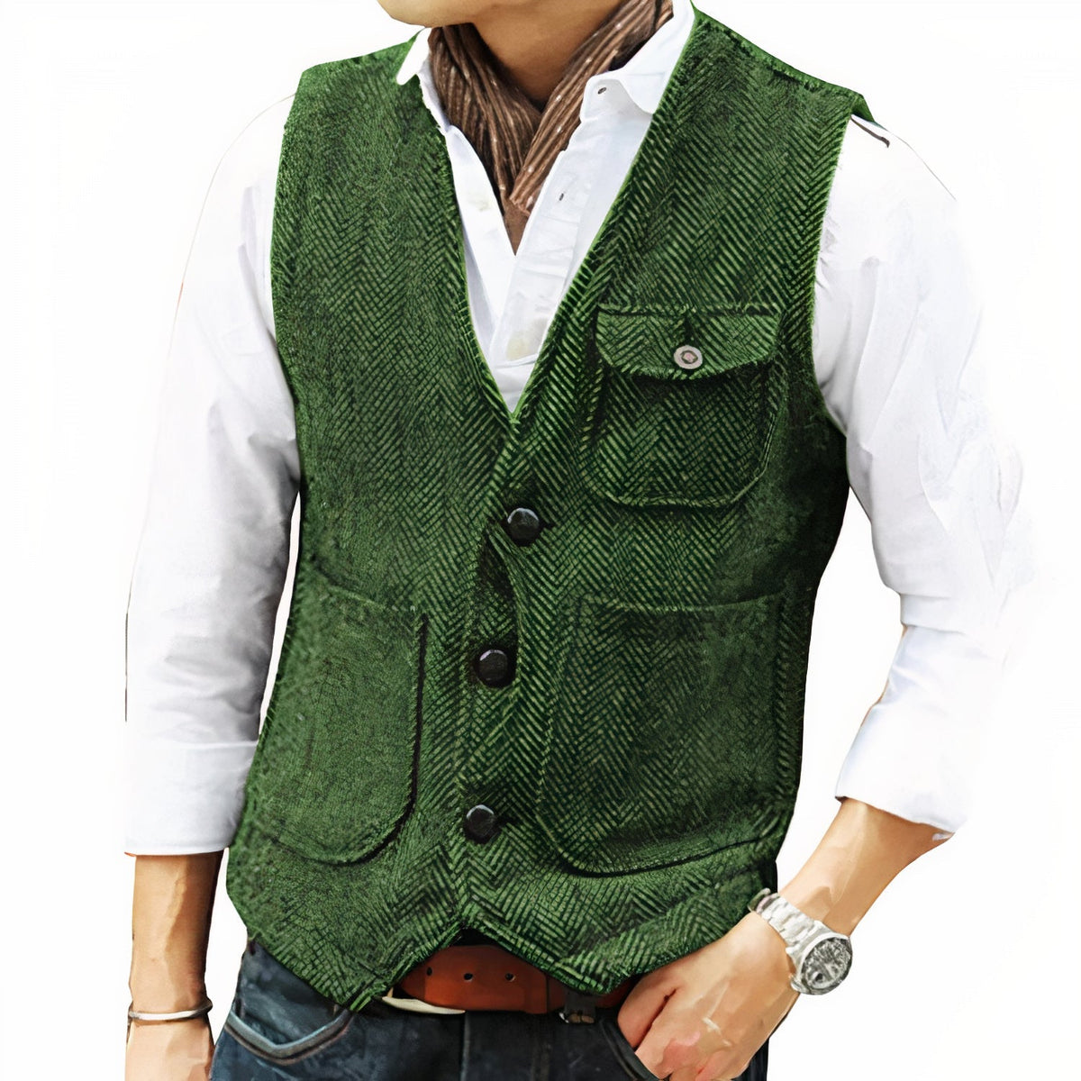 Gilet pour hommes à motif en chevrons avec col en V et poches à rabat - Coupe ajustée