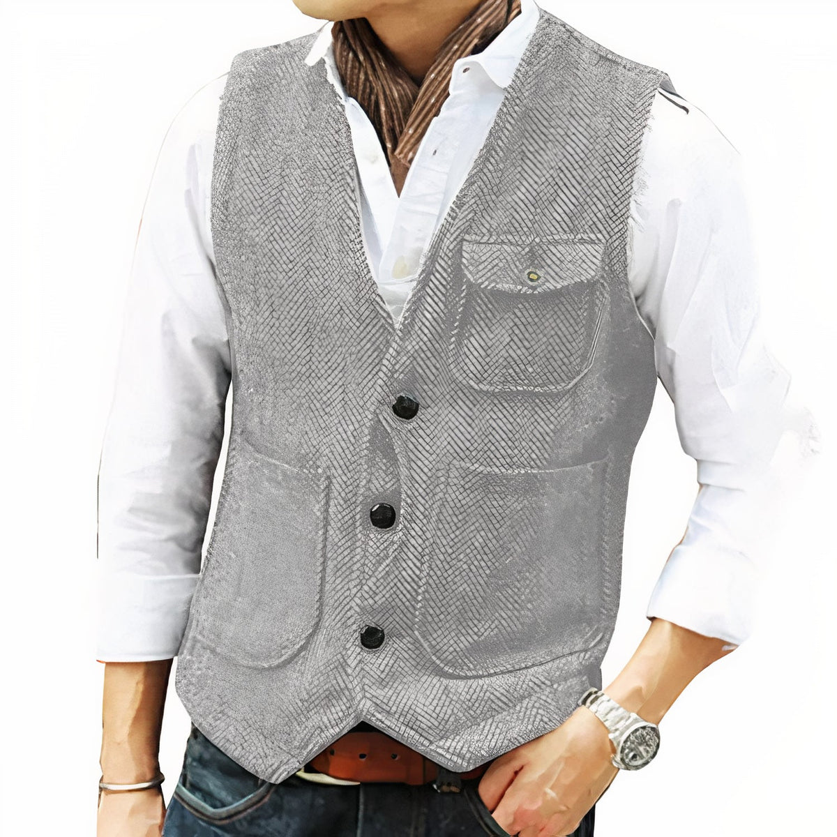 Gilet pour hommes à motif en chevrons avec col en V et poches à rabat - Coupe ajustée