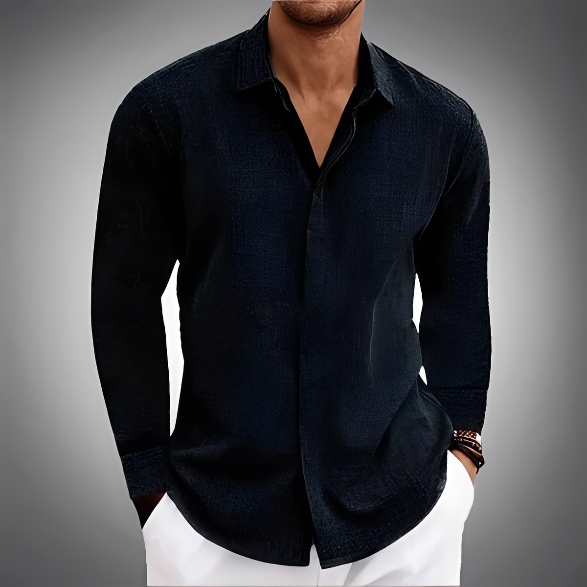 Homme Chemise à manches longues avec col pointillé et patte cachée – coupe droite décontractée