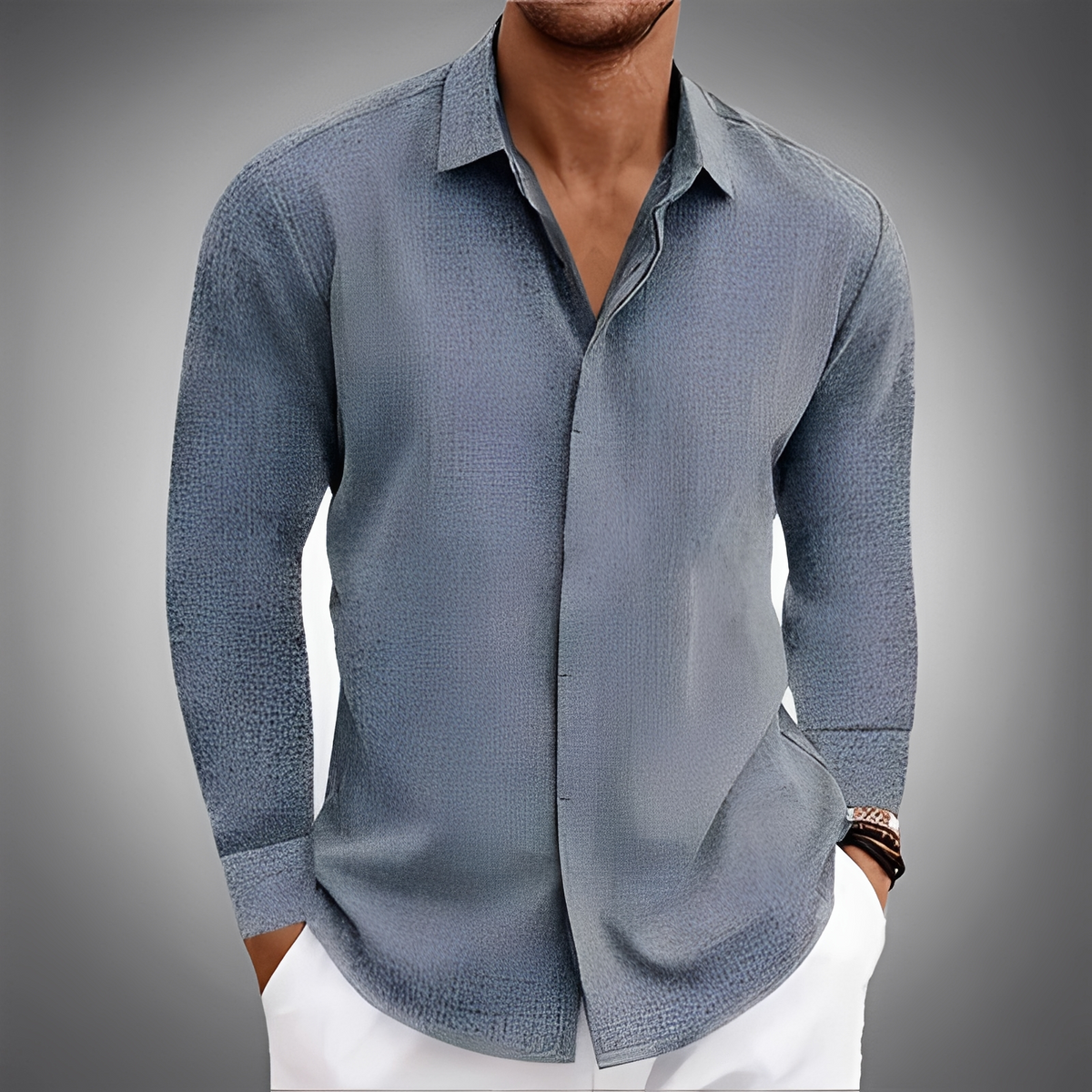 Homme Chemise à manches longues avec col pointillé et patte cachée – coupe droite décontractée