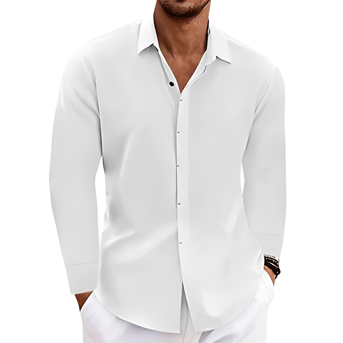 Homme Chemise à manches longues avec col pointillé et patte cachée – coupe droite décontractée