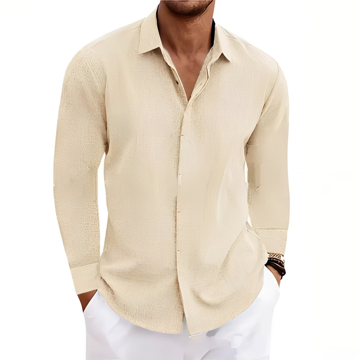 Homme Chemise à manches longues avec col pointillé et patte cachée – coupe droite décontractée