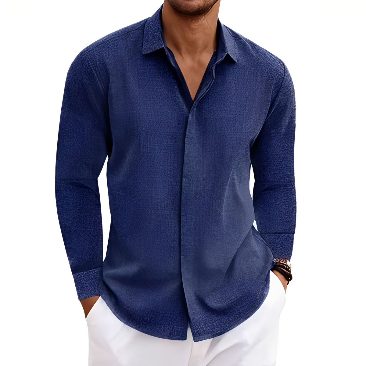 Homme Chemise à manches longues avec col pointillé et patte cachée – coupe droite décontractée