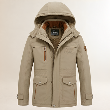 Homme Parka à capuche amovible, zip et snaps, multiples poches, doublure chaude, logo poitrine