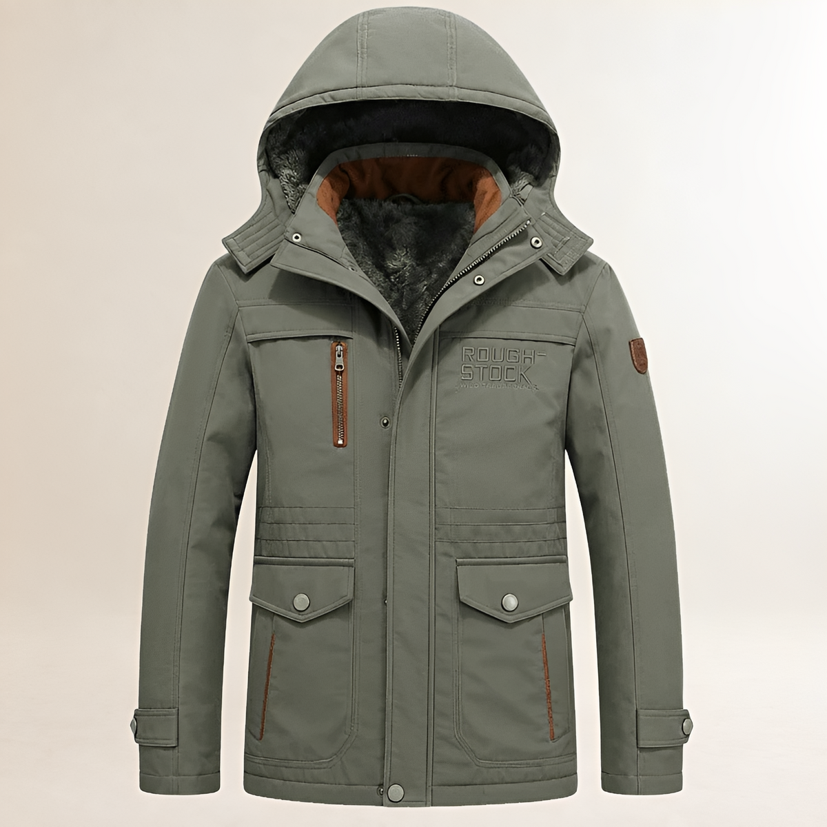 Homme Parka à capuche amovible, zip et snaps, multiples poches, doublure chaude, logo poitrine