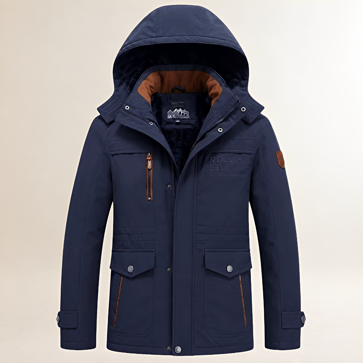 Homme Parka à capuche amovible, zip et snaps, multiples poches, doublure chaude, logo poitrine