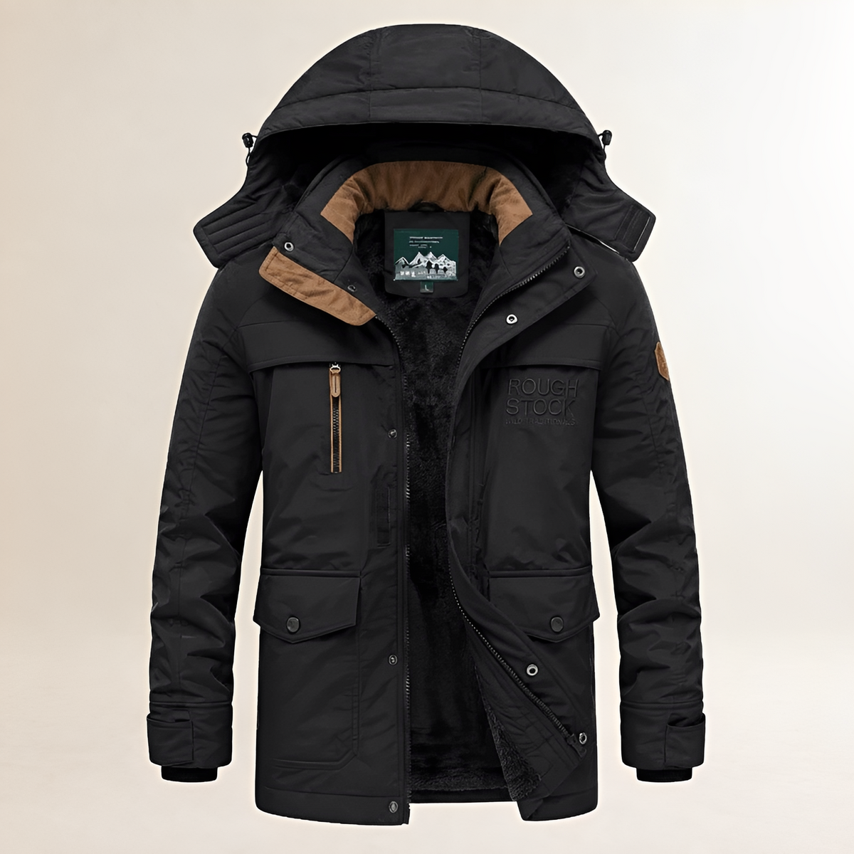 Homme Parka à capuche amovible, zip et snaps, multiples poches, doublure chaude, logo poitrine