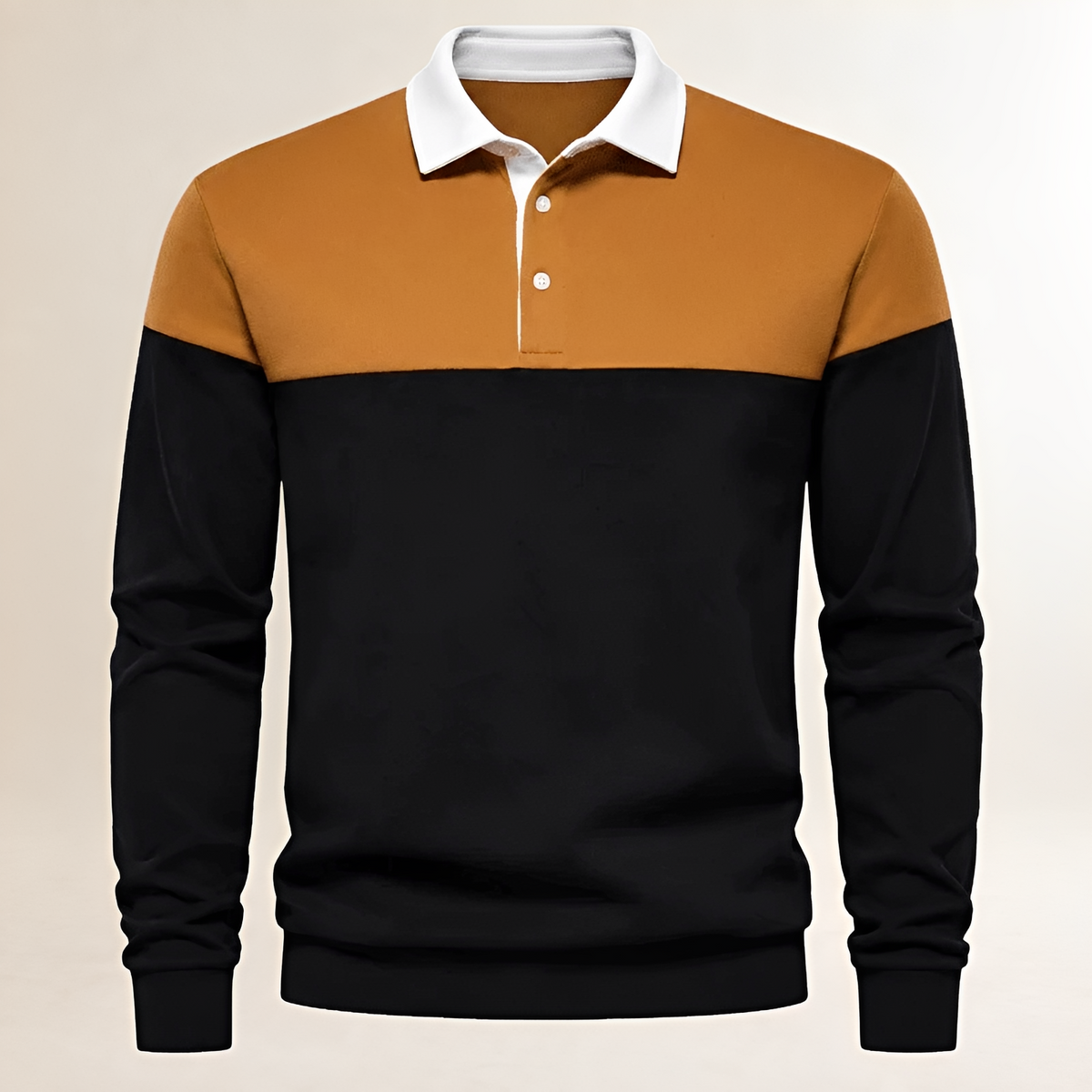 Homme Polo à manches longues, col contrasté, plastron couleur bloc sur le torse - coupe régulière