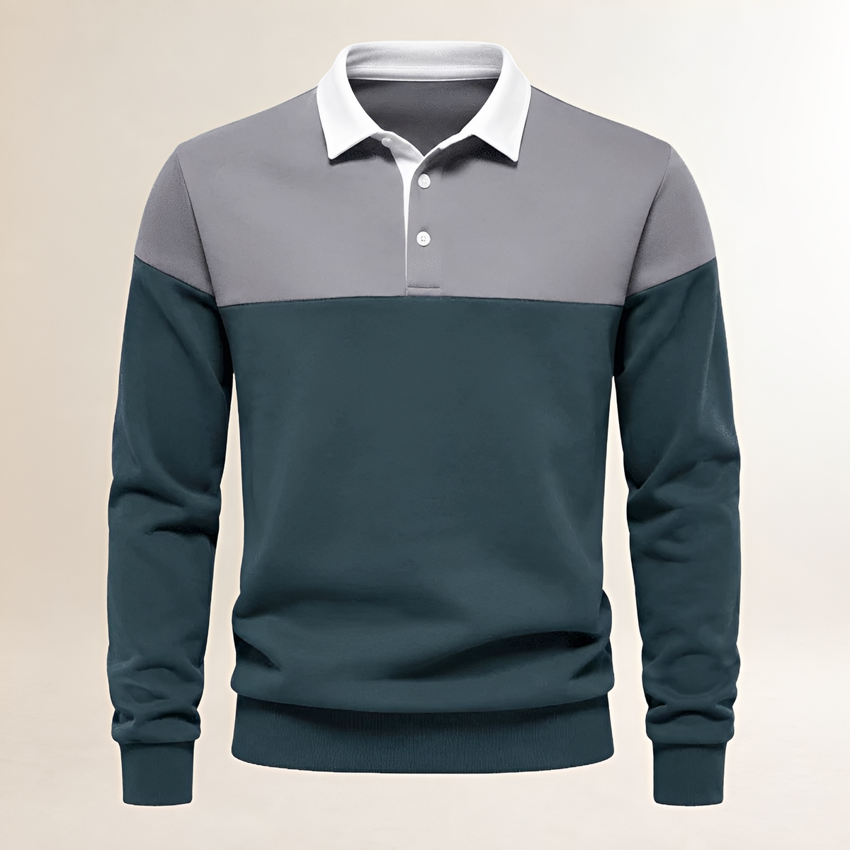Homme Polo à manches longues, col contrasté, plastron couleur bloc sur le torse - coupe régulière