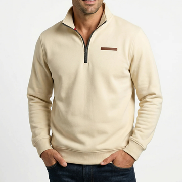 Homme Pull à demi-zippé col montant, rayure poitrine et bord-côtes