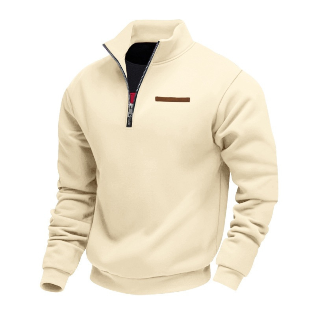 Homme Pull à demi-zippé col montant, rayure poitrine et bord-côtes