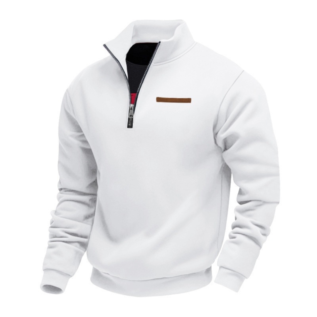 Homme Pull à demi-zippé col montant, rayure poitrine et bord-côtes