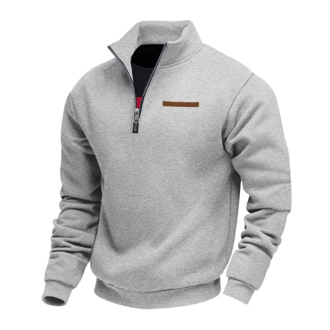Homme Pull à demi-zippé col montant, rayure poitrine et bord-côtes