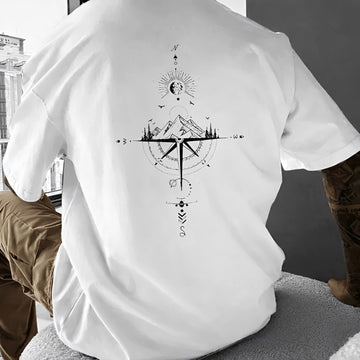 Homme T-shirt à col ras‑bord, manches courtes, imprimé dos compas et montagne, coupe regular
