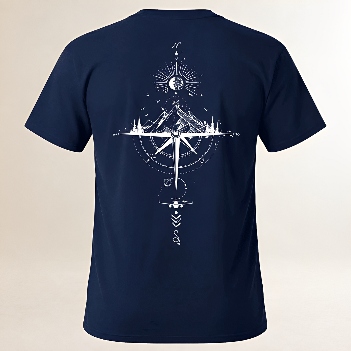 Homme T-shirt à col ras‑bord, manches courtes, imprimé dos compas et montagne, coupe regular