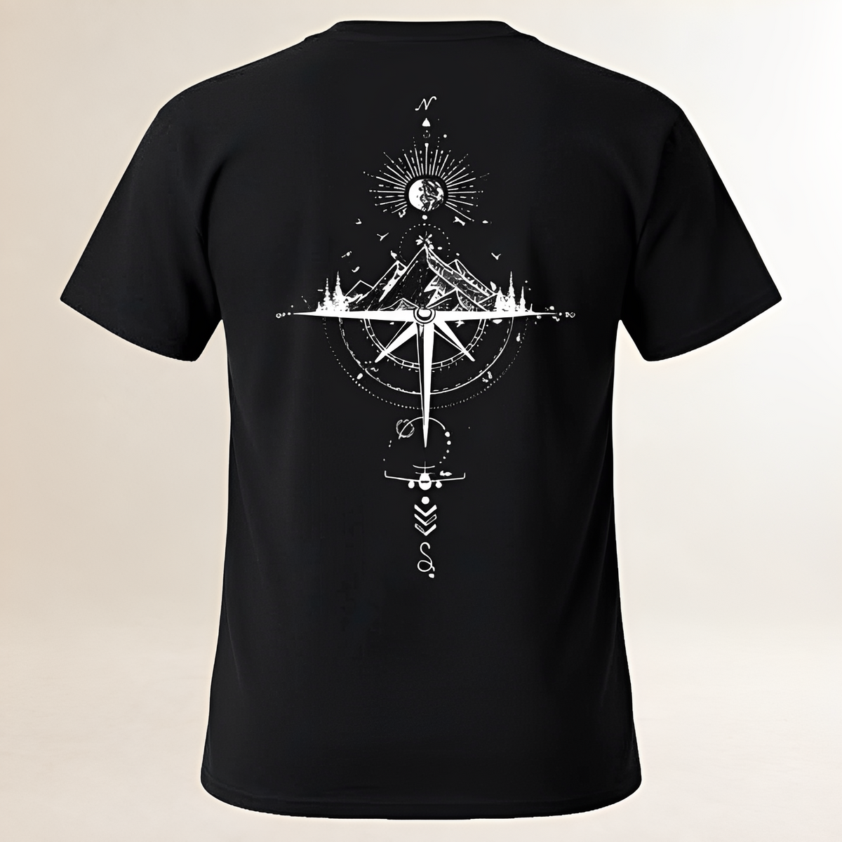 Homme T-shirt à col ras‑bord, manches courtes, imprimé dos compas et montagne, coupe regular